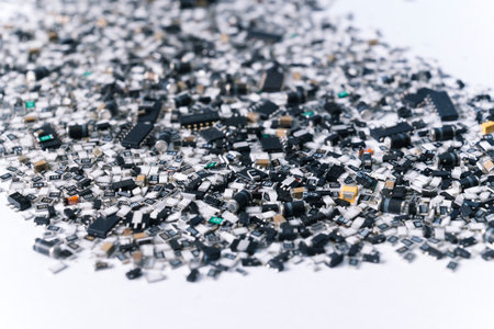 Scattered electronic parts and components of a circuit board. Modern technology. Manufacturing process. SMD. High quality photoの写真素材