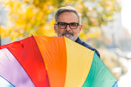 Proud elderly caucasian man with gray facial hair looking at camera showing rainbow umbrella. pride all year. Blurred background. High quality photoの写真素材
