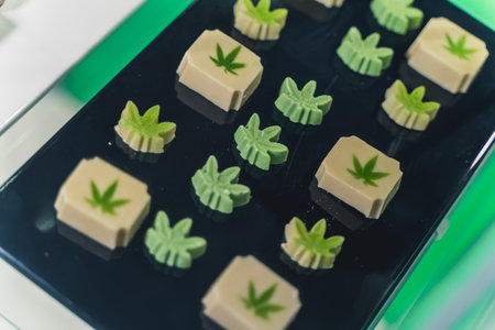 Cannabis chocolate in the form of cannabis leaves of a pleasant green color. High quality photo