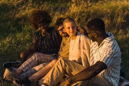 Human relationships - friendship. Four close friends of different ethnic background sitting all...