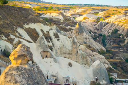 Ancient Cave Town of Cappadocia in Turkey. Western Asia travels concept. Beautiful sunshine illuminating rock formations. High quality photoの写真素材