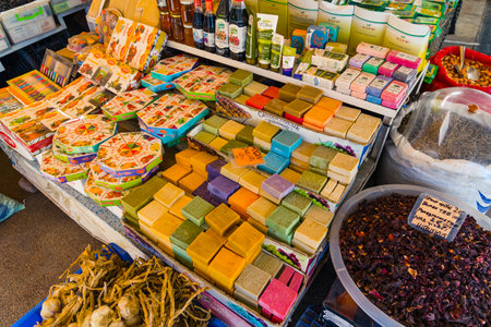 10.11.2022 Manavgat, Turkey - Bazaar. Interesting Turkish local market with colourful spices, soaps, and other food-related items. Tourists and locals. High quality photoのeditorial素材