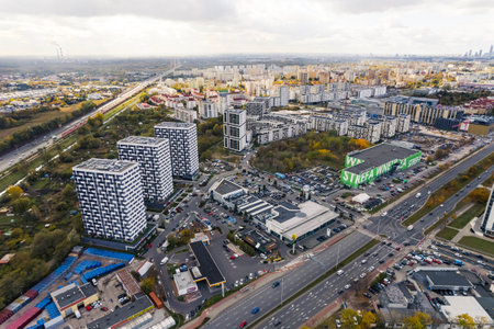 10.20.2022 Warsaw, Poland - Ostrobramska Street Outdoor drone perspective of a busy city. Numerous...