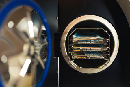 Closeup shot of n autoclave machine used in SPA salon for killing harmful bacteria, viruses, fungi. Professional skincare salon equipment. High quality photoの写真素材