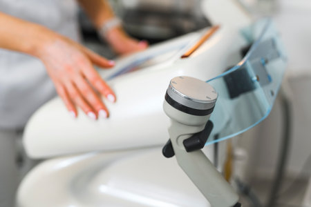 Closeup indoor shot with camera focus on the foreground showing professional SPA treatment machine...