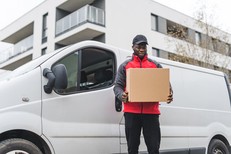 Black young adult delivery man wearing work uniform standing outside of white van holding cardboard...