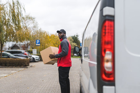 Black young adult delivery guy in red pullover standing by white van looking for house to deliver parcel to. Horizontal outdoor shot . High quality photoの写真素材