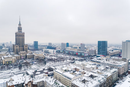 11.21.2022 Warsaw, Poland. Winter in Warsaw - European capital city of Poland. Outdoor drone shot of...