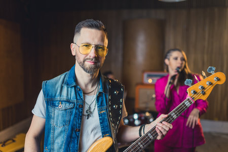 Man guitarist performing with a music band in a studio. High quality photo