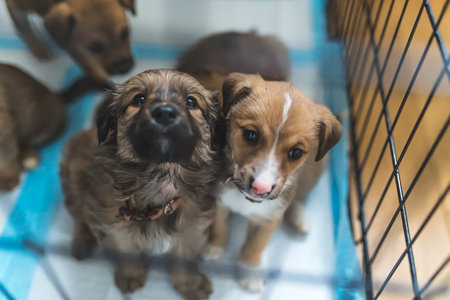 Closeup portrait of adorable mix-breed homeless puppies inside their temporary home. Puppy dogs sit...