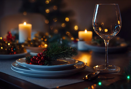 Christmas Eve supper. Decorated Christmas dinner table with no people. Blurred background. Generative AI. _ai_generated . High quality illustrationの写真素材