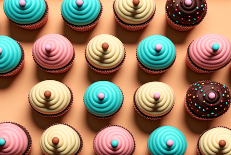 Colourful cupcakes. High angle shot of cupcakes with frosting in different colors. Tasty sweets. Generative AI Illustration. _ai_generated . High quality illustrationの写真素材
