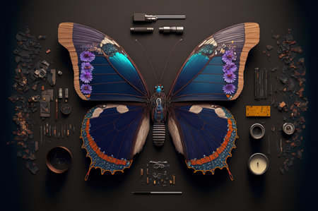 Mechanic butterfly - building process. High angle perspective of colorful butterfly made of metal...