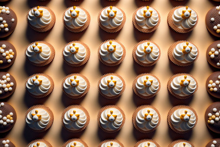 High angle shot of tasty cupcakes with white frosting and edible jewels. Generative AI Illustration. _ai_generated . High quality illustrationの写真素材