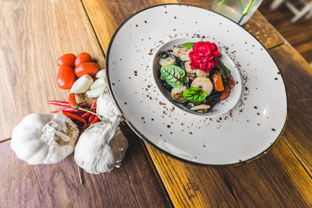 Prawns dish. Black tagliolini pasta with fried shrimps decorated with edible flowers. White plate on wooden table. High quality photoの写真素材