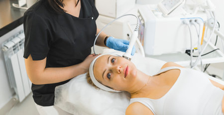 High angle shot of a woman laying down with her eyes open and receiving microdermabrasion treatment. Beauty concept. High quality photoの写真素材