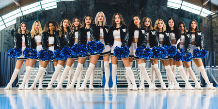 Cheerleaders in mini-skirts captured at a low angle while standing with pom-poms. High quality photoの写真素材