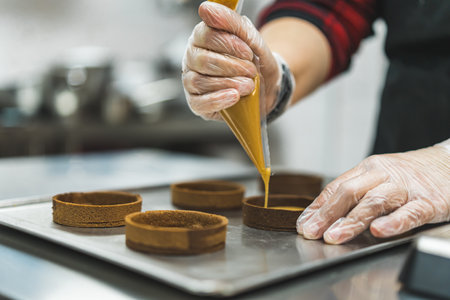 Close-up view of baker wearing gloves piping caramel filling into empty mini tart crusts. Professional baking process. Assembling dessert. Horizontal indoor shot. High quality photoの写真素材