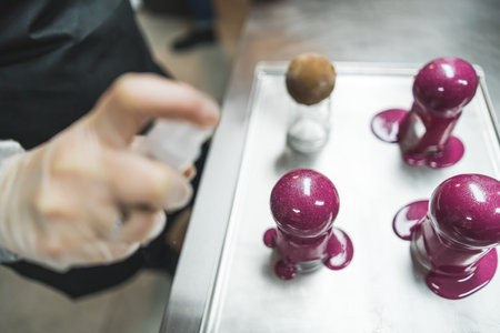 Overhead view of unrecognisable baker spraying edible glitter onto pink glazed spherical mousse dessert. Professional dessert-making process. Horizontal indoor shot. High quality photoの写真素材