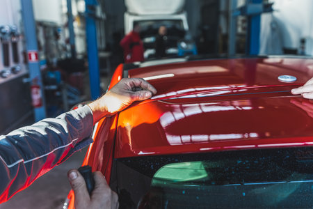 Mechanic customizes car removing spoiler using cutting cord in an auto repair shop. High-quality photoの写真素材