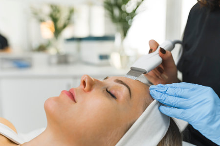 Caucasian woman getting a facial cleanising procedure in beauty clinic. High quality photo