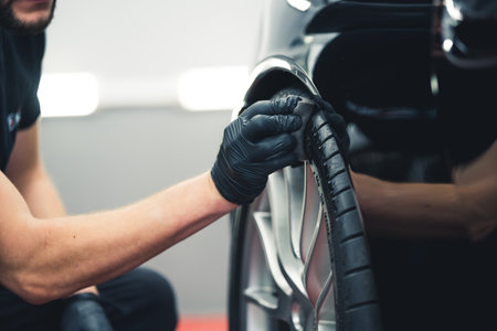 Caucasian man wearing black gloves crouched blackening car tire using sponge. Car detailing in professional garage. Horizontal indoor close-up shot. High quality photoの写真素材