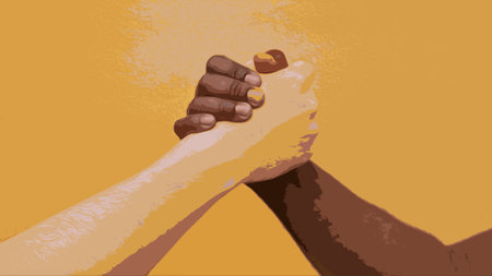 Friendly powerful handshake between unrecognizable African-American person and caucasian person. Support for equality. Symbolic illustration over yellow background. High quality illustrationの写真素材