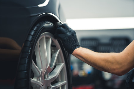 Blackening tire wheel with a sponge. Car detailing process. Closeup indoor shot. Unrecognizable male specialist during work. High quality photoの写真素材
