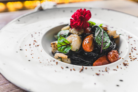 Black Tangliolini with Shrimps modern cuisine with seafood. High quality photoの写真素材