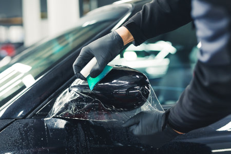 Indoor close up of paint protection film installation on side mirror of modern luxury car....