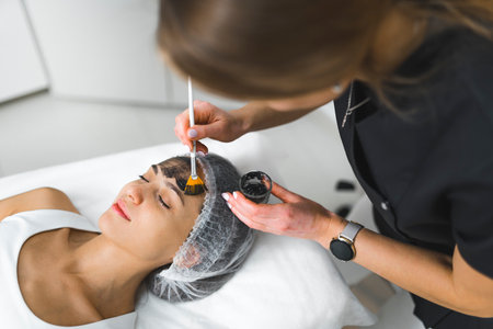 Beautiful Woman getting a black carbon face mask in beauty salon. High quality photoの写真素材