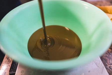 Chocolate pistachio ice cream mixture poured in a bowl. High quality photoの写真素材