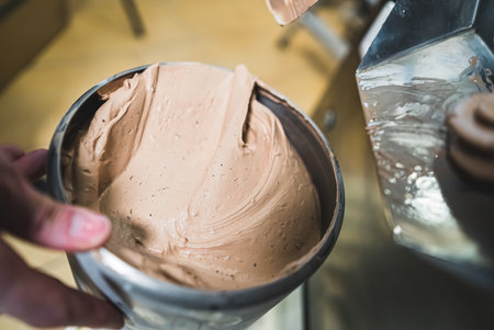 A bowl with ice cream mix from batch freezer machine. High quality photoの写真素材