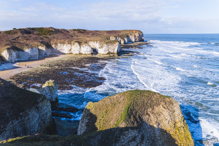 Flamborough Head Stunning Seashore View. Panoramic shot of white chalk cliffs and sandy pebble beach. High quality photoの写真素材