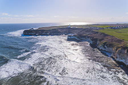 Flamborough Head, Yorkshire Coast. England seen from aerial drone view. Stunning weather at the seashore. High quality photoの写真素材