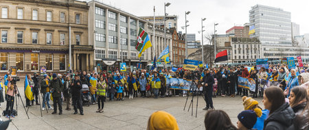 02.28.2023 - Nottingham, United Kingdom - panorama of a demonstration against Russian invasion in Ukraine. High quality photoのeditorial素材