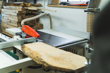 Big wood plank placed on professional table saw by expert carpenter. Woodworking studio tools and...