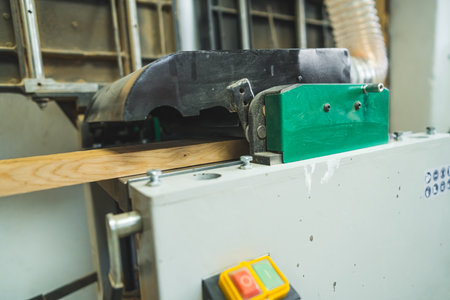 Professional woodworking machine. Wooden plank on sawdust extractor machine. Carpentry concept. High...