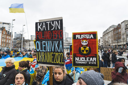 02.28.2023 - Nottingham, United Kingdom - protestors organizing a demonstration to support Ukraine. High quality photoのeditorial素材