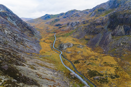 Drone panoramic view of a trail road through Snowdonia national park in Wales. High quality photoの写真素材