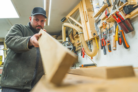 Professional carpenter holding wooden plank to the camera and measuring by eye. Carpentry and woodworking concept. High quality photoの写真素材