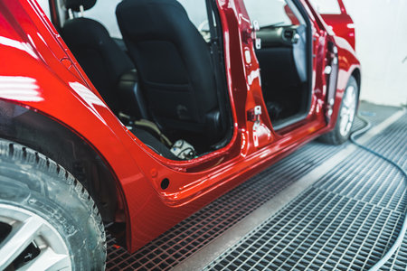 Close shot of a red car after painting in maintenance service shop, repair after an accident. High quality photoの写真素材