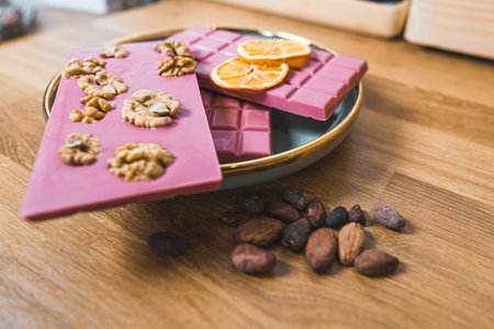Ruby dark and white chocolate bars with orange slices and cacao seeds on a table. High quality photoの写真素材