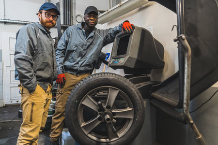 Men auto mechanics working with car wheel balancing machine at service shop. High quality photoの写真素材