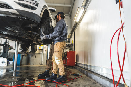 Car mechanics installing a new car wheel on a vehicle on a hoist in auto repair shop. High quality photoの写真素材