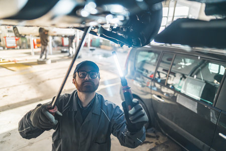 Auto mechanic checking under car condition in garage. High quality photoの写真素材