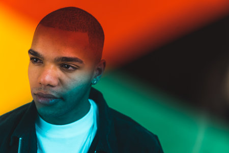 Face closeup portrait of Afro-American man in jacket against colorful background. High quality photoの写真素材