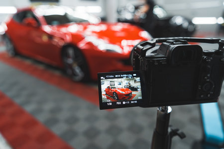 Professional car photo session at mechanics or in car detailing studio. Digital photo camera taking picture of a red car. Blurred background. High quality photoの写真素材