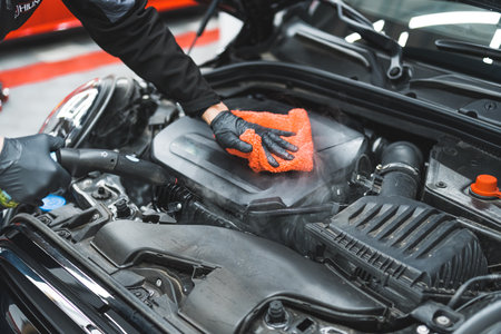 Closeup shot of steam deep cleaning of a car engine. Man in protective black gloves drying up the engine with microfibre orange cloth. High quality photoの写真素材
