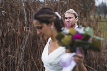 Bride and Groom autumn park. High quality photoの写真素材